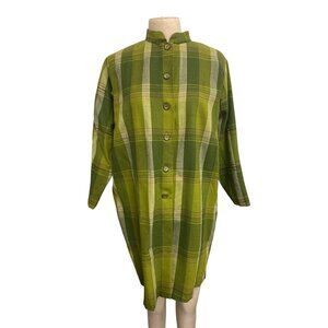 Vintage Handmade Green Plaid Tunic Dress With Mandarin Collar and 3/4 Sleeves Bu